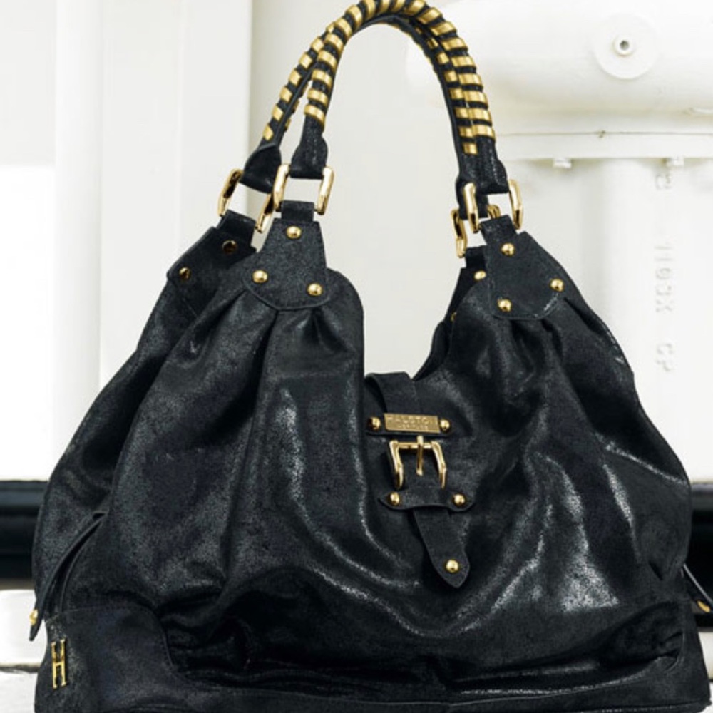 AUTHENTIC Halston Heritage Hobo Brandy Leather Black Satchel Gold Tone Hardware